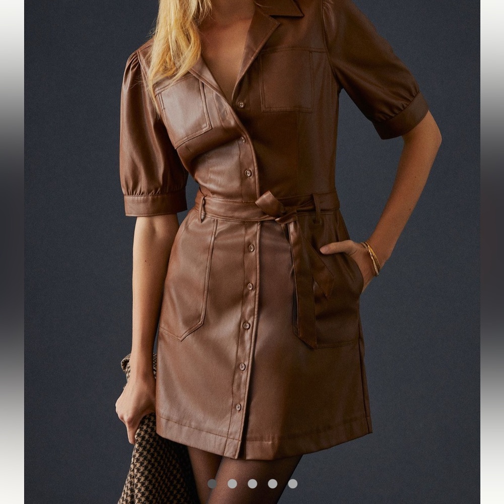 Mayslie Button front faux leather mini dress